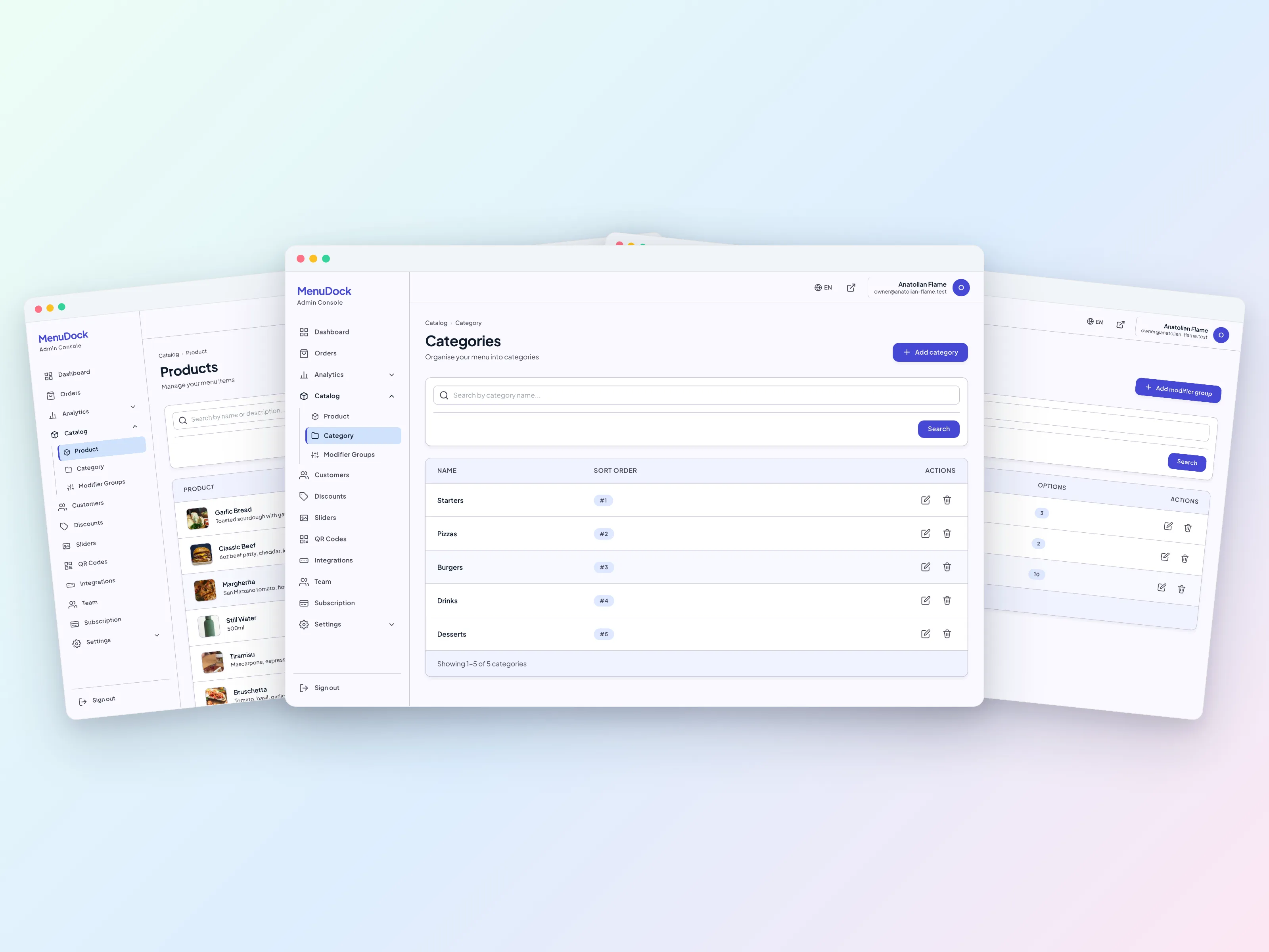 MenuDock admin: products list, categories and modifier groups screens