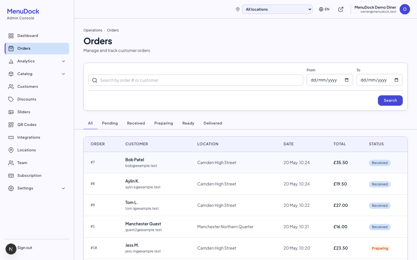 MenuDock admin — live order list with statuses, customers, and totals