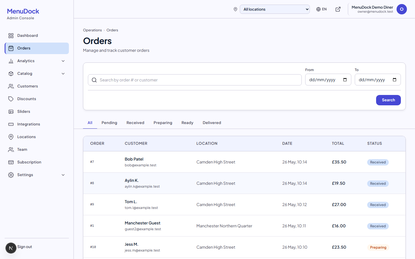 MenuDock admin showing the live order list