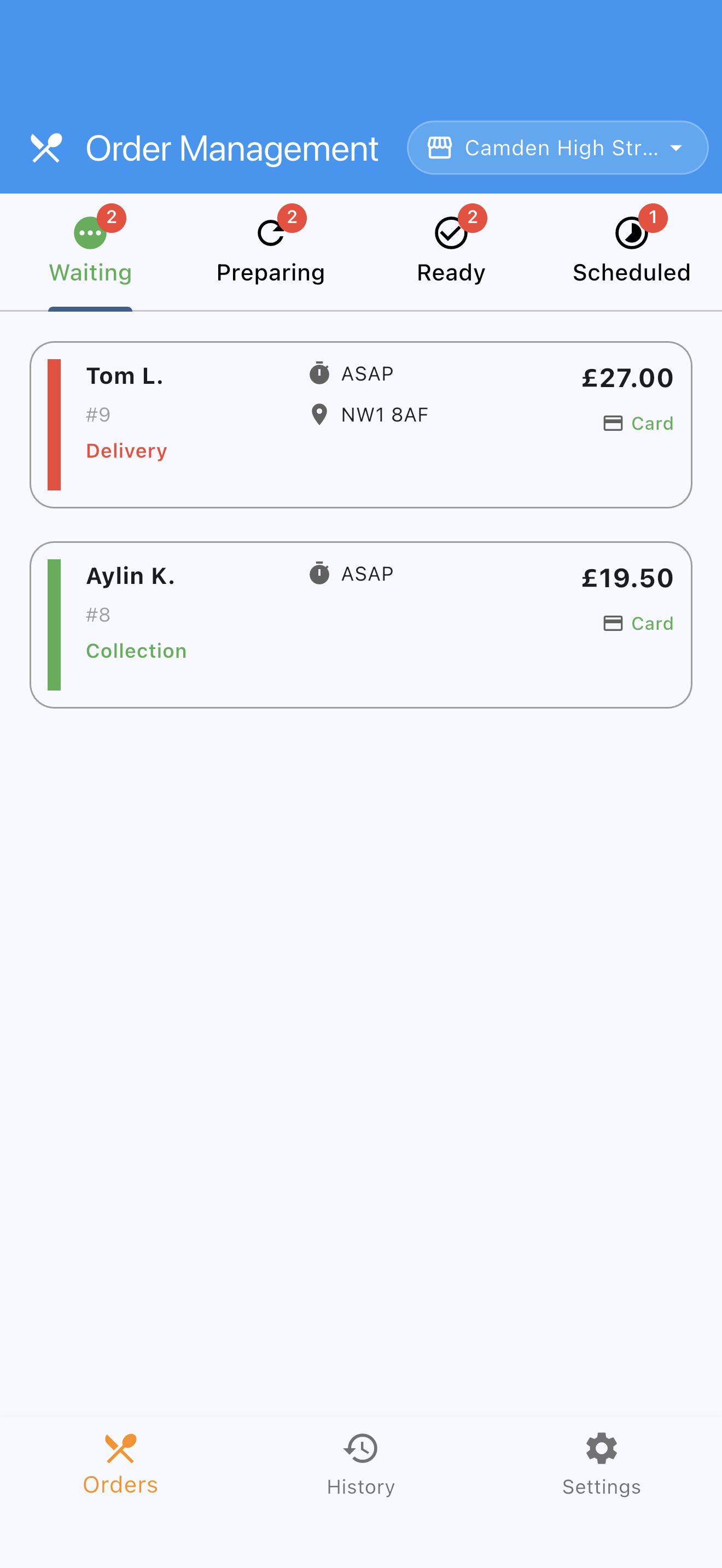 MenuDock phone — active orders by status: waiting, preparing, ready, scheduled