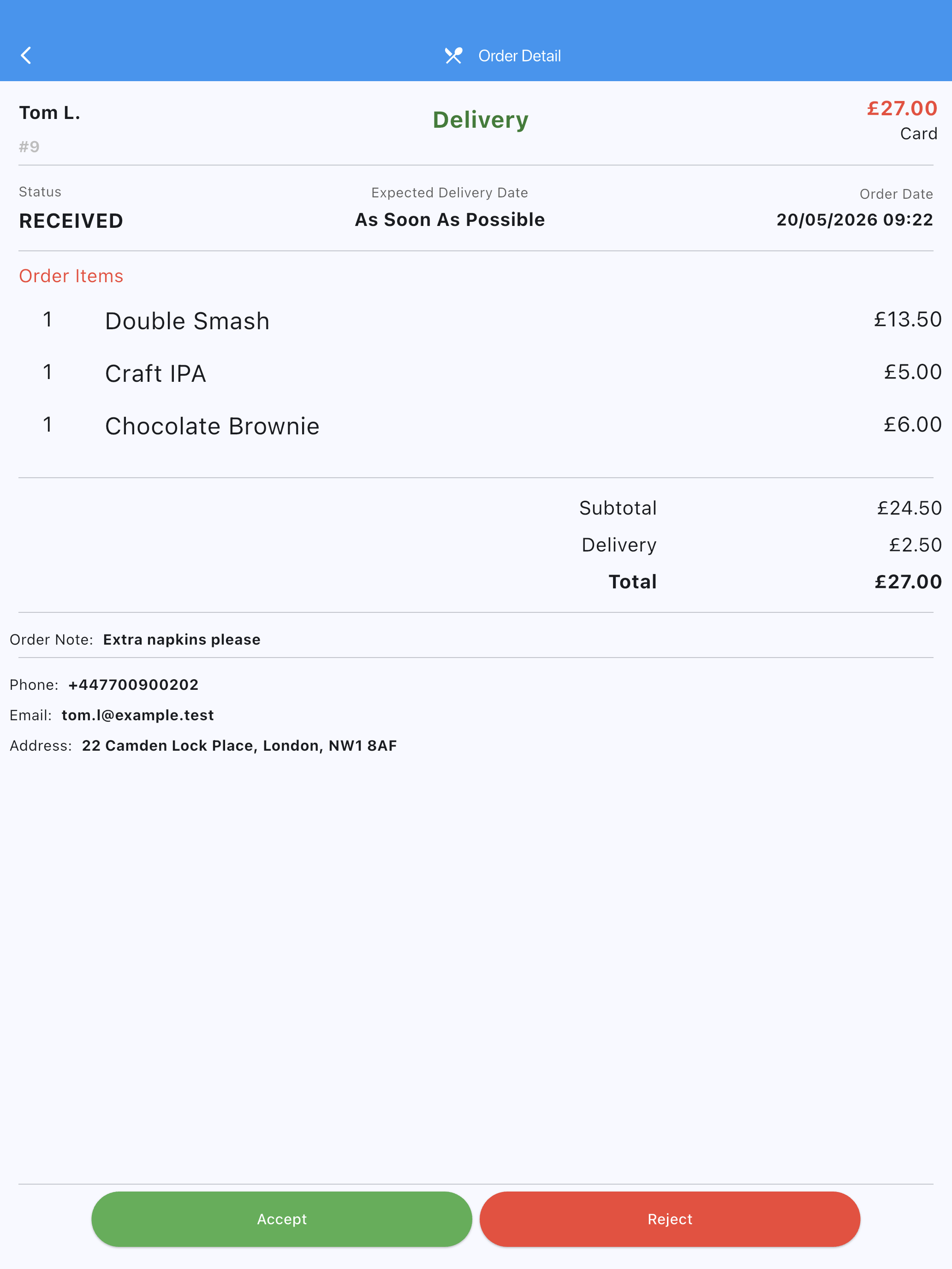 MenuDock tablet — order detail view with itemised order, customer notes, accept and reject