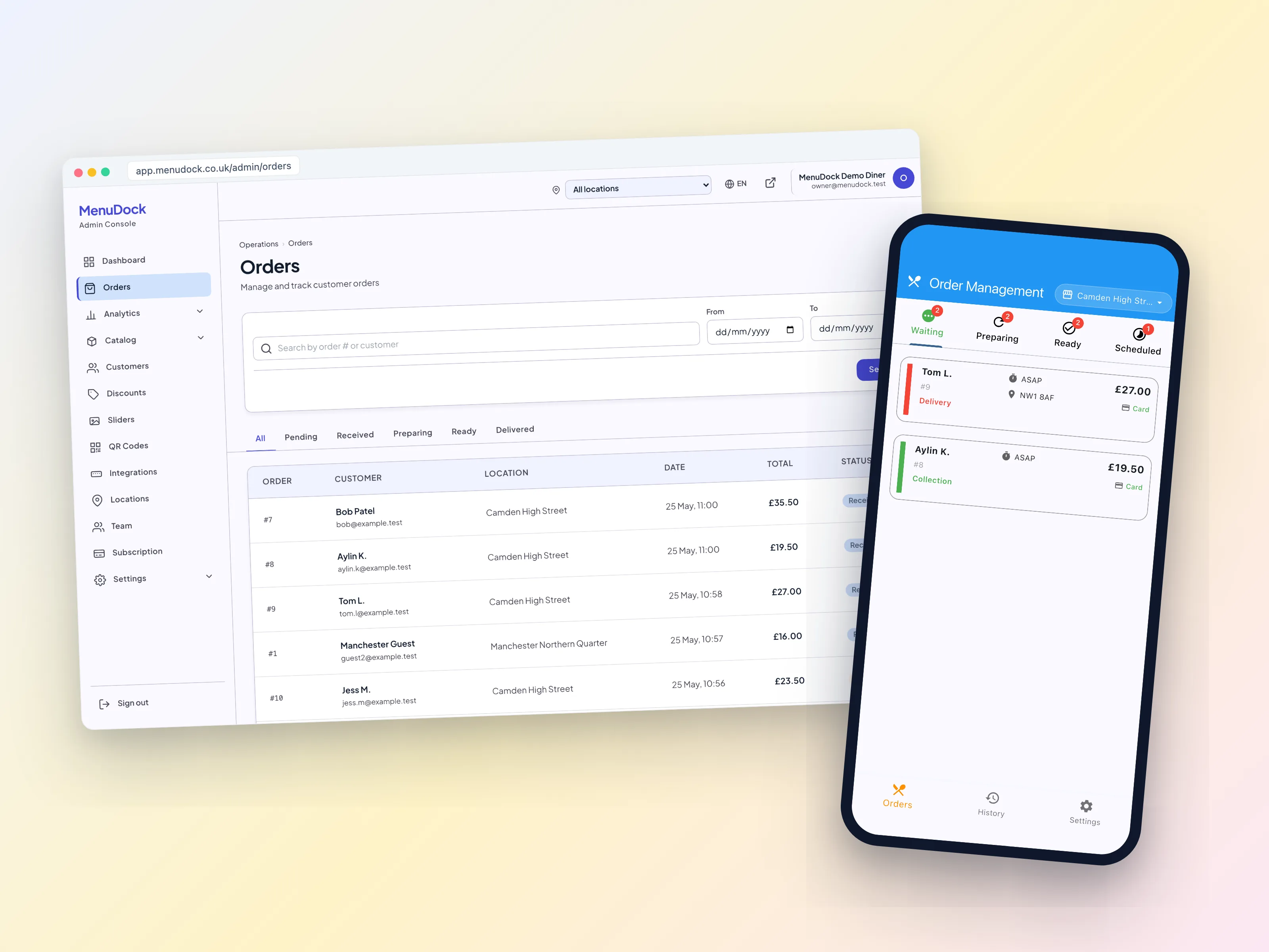 MenuDock admin Orders on a desktop browser next to the mobile app showing the same live orders