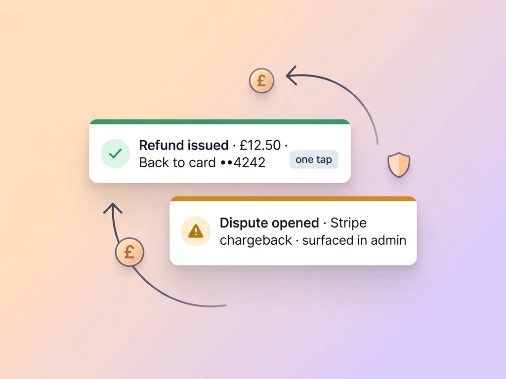 Flat illustration: two notification cards — a green "Refund issued · £12.50 · back to card ••4242 · one tap" card and an amber "Dispute opened · Stripe chargeback · surfaced in admin" card — with a coin returning along an arrow and a small shield motif