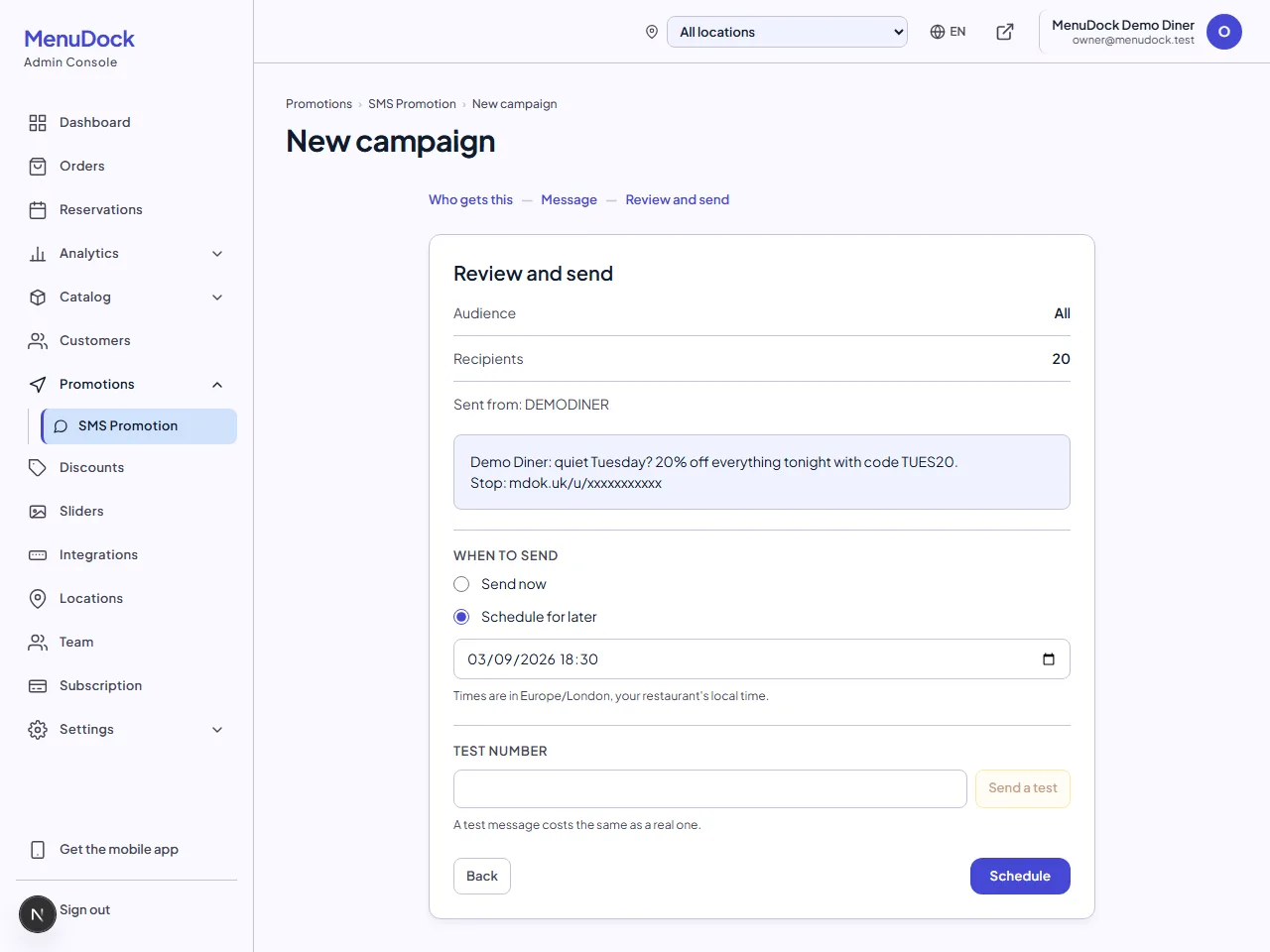 MenuDock campaign review step showing the sender ID, the message with its unsubscribe link, and a send time in the restaurant local timezone