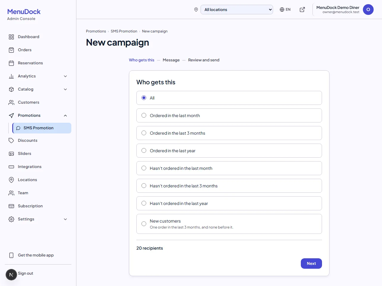 MenuDock campaign wizard showing the eight audience segments and the number of recipients the chosen one reaches